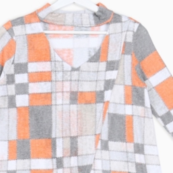 GRAY ORANGE TARTAN geo PRINT Mock KEYHOLE NECKLINE 3/4 SLEEVES tunic TOP, NEW! - Picture 2 of 5